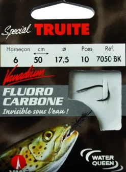 10 Hameçons montés Water Queen fluorocarbone spécial truite forgé renversé à palette 7050 BK 50 cm