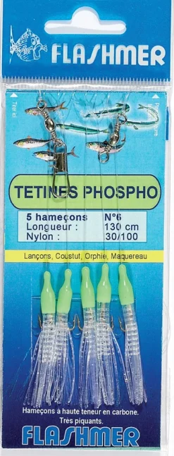Bas de ligne Tetines Phosphorescentes 5 Hameçons